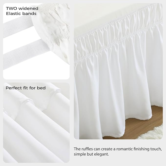 RIMELA White Bed Skirt Queen Size 18 Inch Drop, Elastic Bed Skirting for Bed Base and Frame, Bedding Dust Ruffle Easy to Install, Lightweight Wrap Around Adjustable Bedskirt