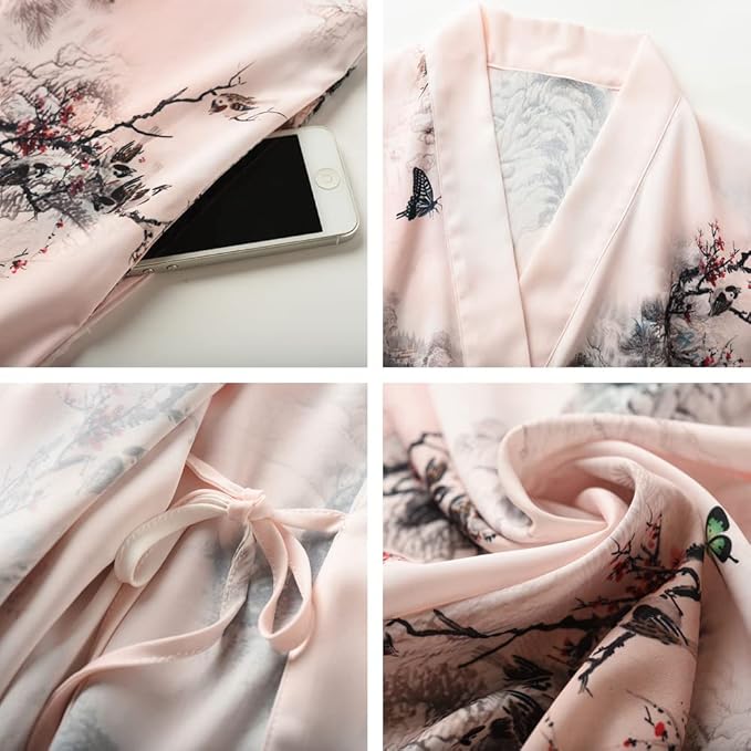 Ledamon Women's Kimono Short Robe for Women - Pocket Floral Bathrobe Nightgown