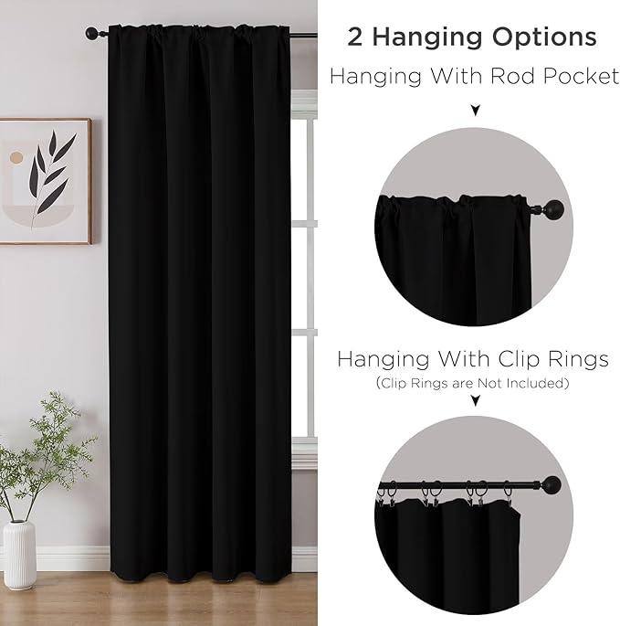 CUCRAF Black Blackout Curtains 63 inch Length 2 Panels Set, Rod Pocket Room Darkening Drapes for Bedroom Living Room, Insulated Thermal Light Blocking Window Curtain (W52 x L63 Inch)