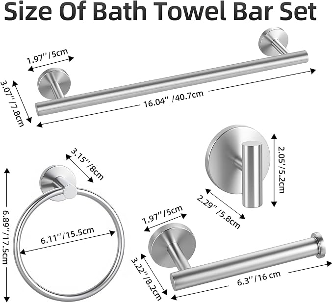 Brushed Nickel Towel Bar Set 10 Pieces, SUS304 Stainless Steel Bathroom Hardware Set, Bathroom Towel Holder Set Wall Mounted-16 Inch Towel Bar, Toilet Paper Holder, Towel Hook, Towel Ring