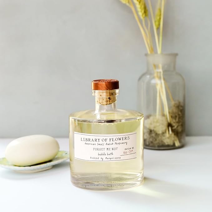 Library of Flowers Forget Me Not Bubble Bath, 17 fl. oz., Osmanthus, Rice Powder & White Orchid, Skin Hydrating & Deep Moisturizing, Avocado Oil & Green Tea, Relaxing Scented Bubbling Bath Soap