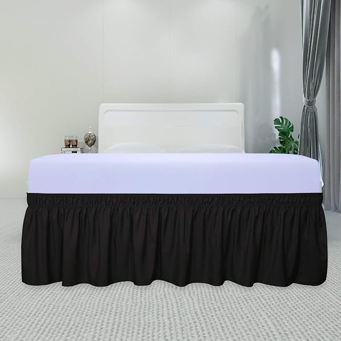 PureFit Wrap Around Ruffled Bed Skirt with Adjustable Elastic Belt - 22 Inch Drop Easy to Put On, Wrinkle Free Bedskirt Dust Ruffles, Bed Frame Cover for Twin, Twin XL and Full Size Beds, Black