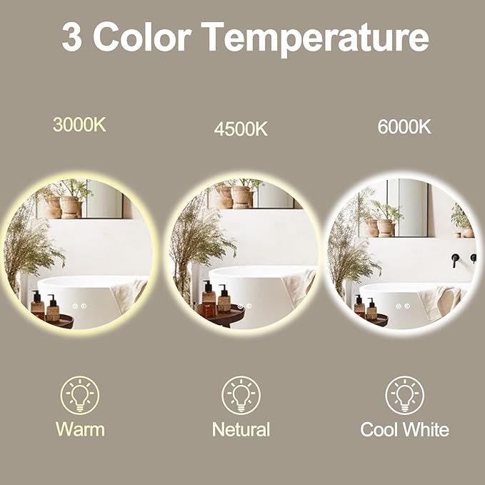 28 Inch Round LED Bathroom Mirror Backlit Anti-Fog Wall Mounted Lighted Bathroom Vanity Mirror 3 Colors Light Dimmable Smart Makeup Mirror with Touch Switch