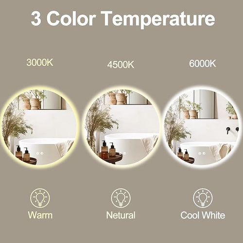28 Inch Round LED Bathroom Mirror Backlit Anti-Fog Wall Mounted Lighted Bathroom Vanity Mirror 3 Colors Light Dimmable Smart Makeup Mirror with Touch Switch