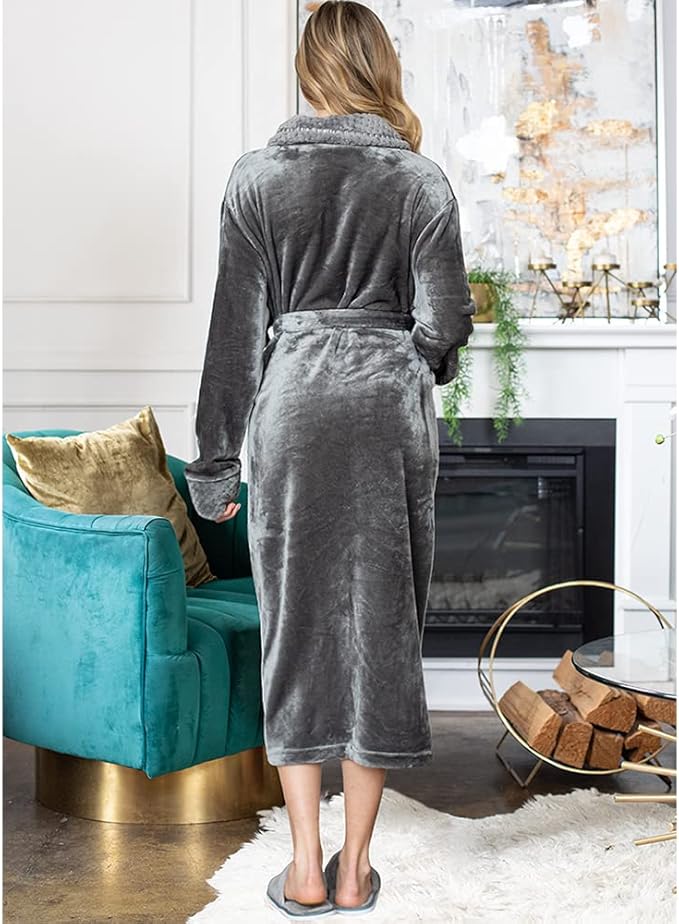 Lotus Linen Plush Robes for Women - Soft Bathrobe, Custom Monogram, Warm Fleece Robe with Pockets
