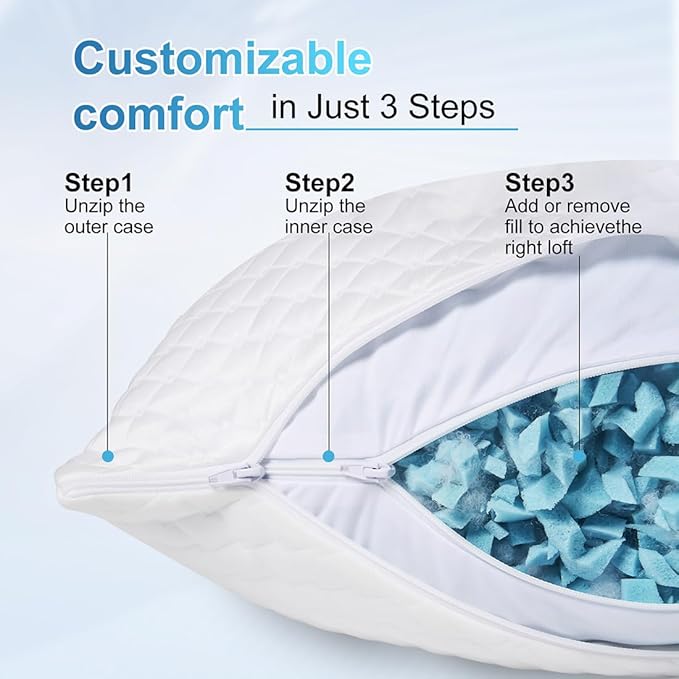 NTCOCO Cooling Bed Pillows for Sleeping Shredded Memory Foam Adjustable Gel for Side Stomach Back Sleepers Washable Removable Cover Queen Size Pack of 1