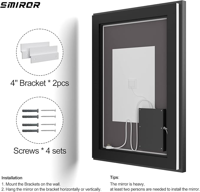 SMIROR 22 x 30 LED Lighted Bathroom Mirror for Wall, Matte Black Framed Vanity Mirrors, Front and Backlit, Dimmable, Anti-Fog, Memory, Shatterproof, ETL Listed (Horizontal/Vertical)
