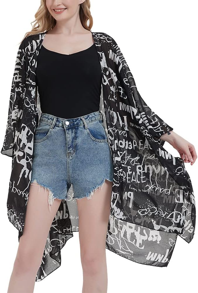 Women's Bohemian Floral Chiffon Beach Cover up Swimsuit Kimono Summer Swimwear Cardigans