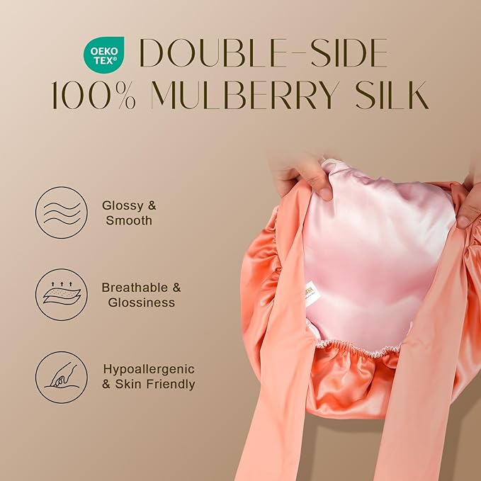 ZIMASILK 100% Mulberry Silk Bonnet for Sleeping Women Long Hair Double Layer Silk Hair Wrap with Tie Band Stay On Head (1Pc, Coral)