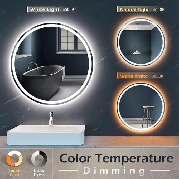 KWW 24 Inch Large Modern LED Round Bathroom Vanity Mirror, Color Temperature Adjustable, Anti-Fog Dimmable Lights, Easy to Install, Wall Mounted Makeup Mirror with Smart Touch Button