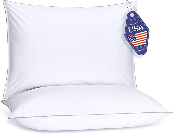 FluffCo Down Alternative Pillows Standard/Queen Size Set of 2 - Queen Bed Pillows for Sleeping - Made in USA - Cooling Surface and Machine Washable for Side, Back, and Stomach Sleepers - Gift for Home