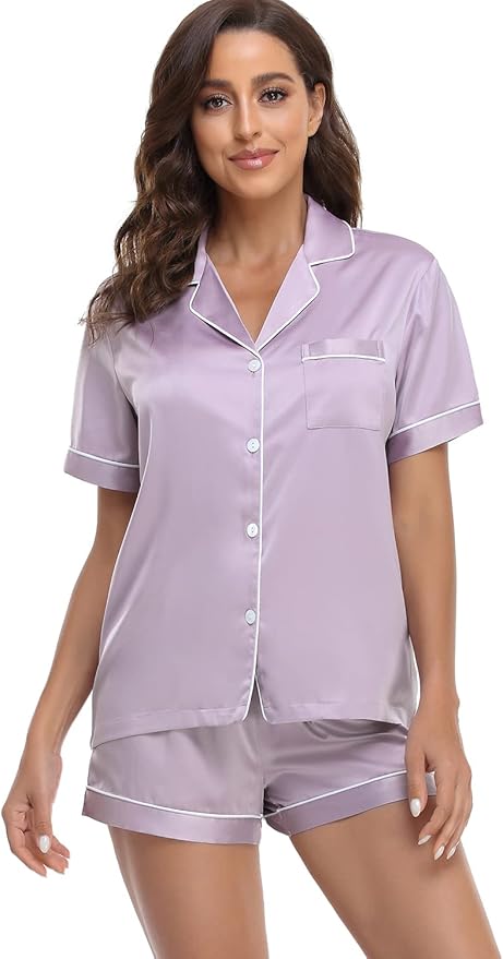 Women's Satin Pajama Set 2-Piece Sleepwear Loungewear Button Down Short Sleeve Silky PJ Set
