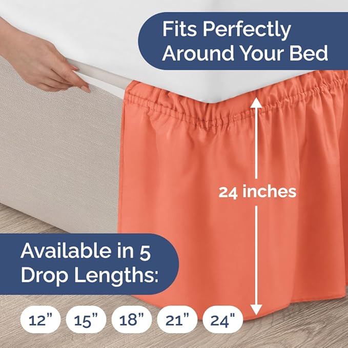 Wrap Around Dust Ruffle Bed Skirt - Coral - for Full Size Beds with 24 Inch Drop - Easy Fit Elastic Strap - Adjustable Pleated Bedskirt w/Brushed Fabric - Wrinkle Free - for Women, Men, Kids & Teens