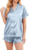 Women's Comfy Satin Pajamas - Soft Button-Up Shirt & Ruffled Adjustable Drawstring Shorts - Elegant Sliky Pjs
