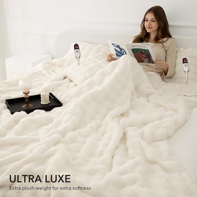 Faux Rabbit Fur Bubble Heated Blanket King Size White - Fluffy Thick King Size Electric Blanket with Dual Control, 6 Heating Levels & 10 Timer Settings, ETL Certified, Home Decor (100" x 90")