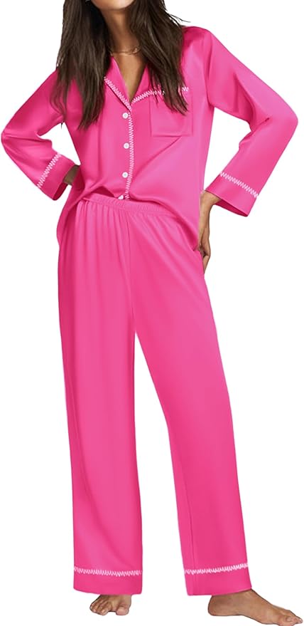 Ekouaer Satin Pajama Set for Women Silky Sleepwear Long Sleeve Top and Pants Button Down Pjs Lounge Set