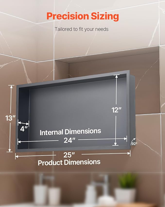 VEVOR Shower Niche, 13 x 25 x 4 inch Recessed Wall Niche, Heavy-duty Stainless Steel Modern Soap & Shampoo Storage Organizer, Sealed Waterproof, Durable & Easy to Install,Black for Bathroom
