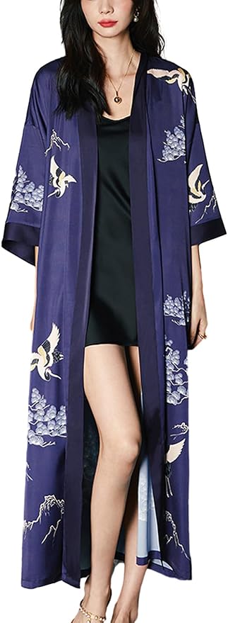 Silk Satin Robe for Women Long Japanese Kimono Robe Lightweight Soft Bathrobe Floral Luxury Dressing Gown