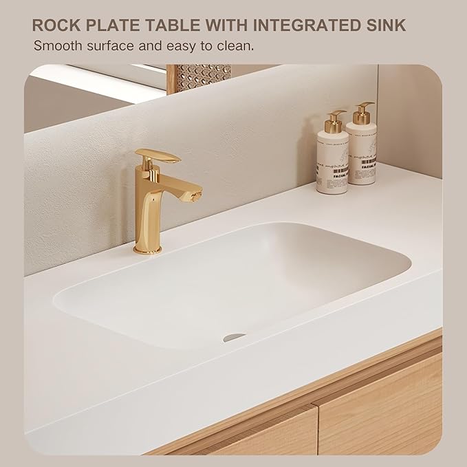 Single Sink Bathroom Vanity, 40Inch Modern Bathroom Vanity Set Includes LED Smart Defogging Mirror Cabinet and Open Shelf, Floating Vanities with One Piece Sink and Drawers Storage(Original Wood )