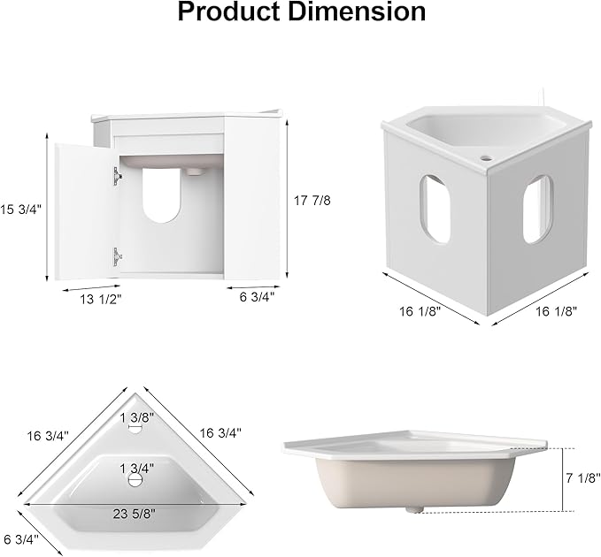 Corner Bathroom Vanity Sink Cabinet 24", Wall Mount Floating for Small Bathroom, White Ceramic Top (Faucet Not Included) (Wave Pattern)