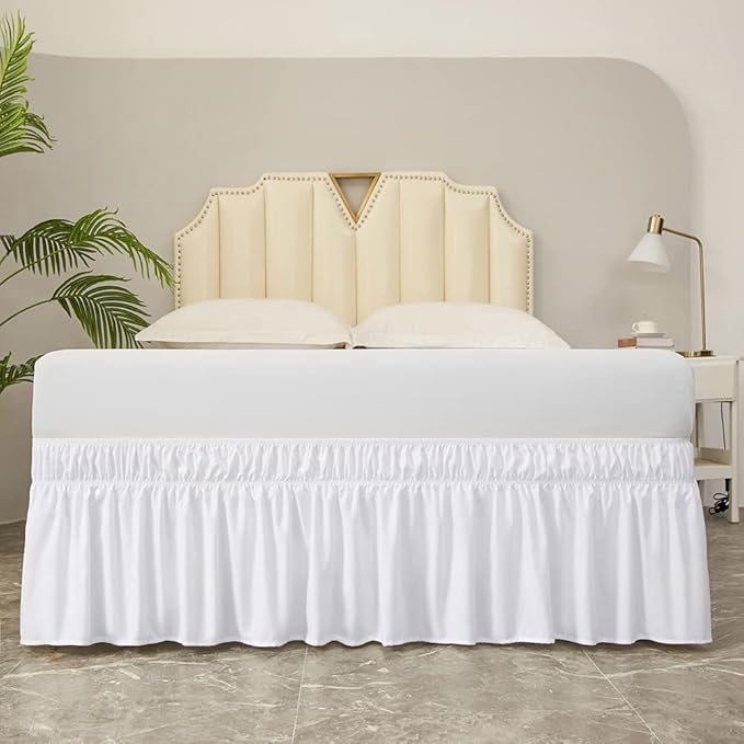 MEILA Wrap Around Bed Skirt Three Fabric Sides Elastic Dust Ruffled 16 Inch Tailored Drop,Easy to Install Fade Resistant-White, Twin/Full