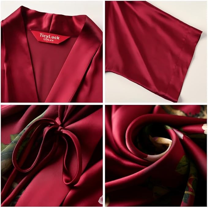 Women's Silk Kimono Robe Long Bathrobe Nightgown 100% Mulberry Silk for Women - Classic Floral Pattern