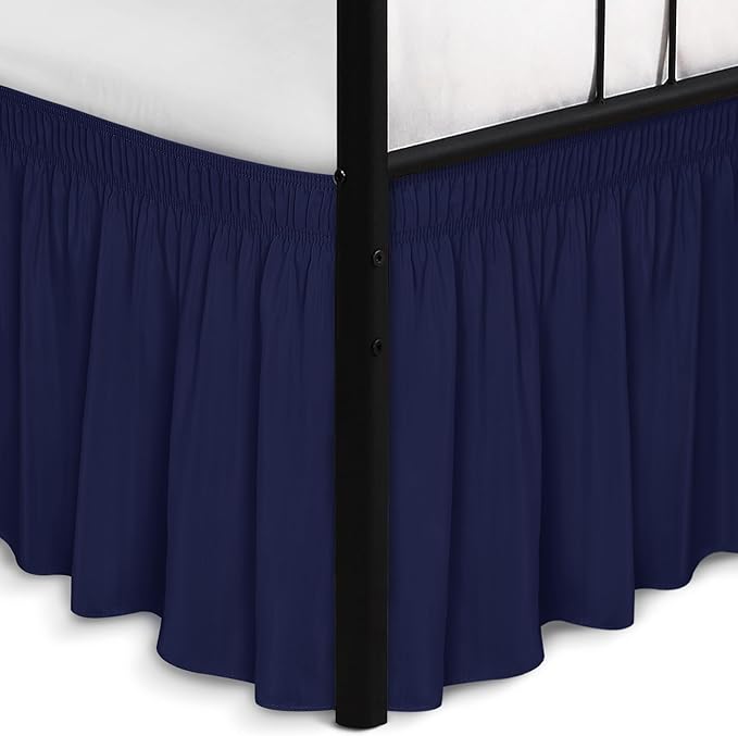 Biscaynebay Wrap Around Bed Skirts with Split Corners for Full Beds 17" Drop, Navy Elastic Dust Ruffles Easy Fit Wrinkle & Fade Resistant Silky Luxurious Fabric Solid Machine Washable