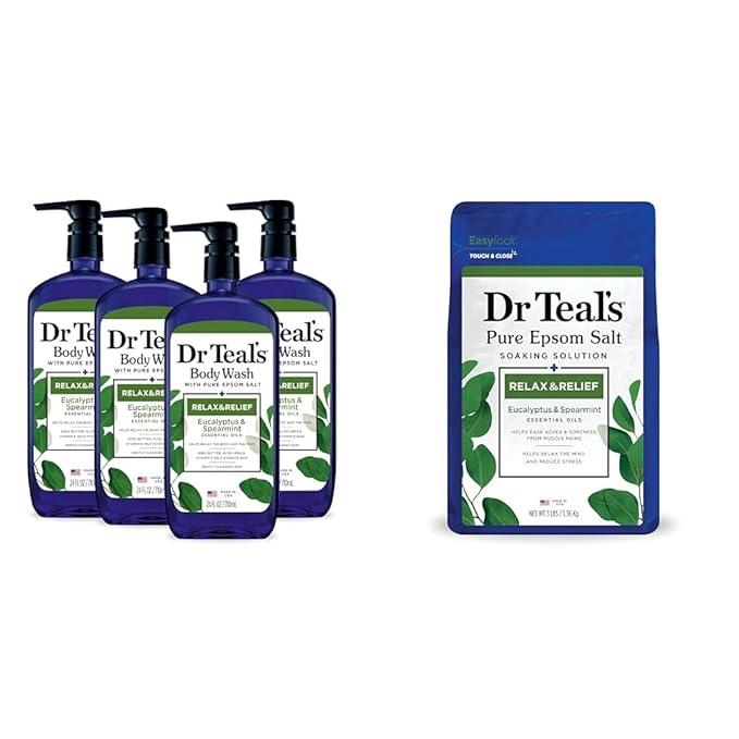Dr Teal's Body Wash with Pure Epsom Salt, Relax & Relief with Eucalyptus & Spearmint, 24 fl oz (Pack of 4) (Packaging May Vary) & Pure Epsom Salt Soak, Relax & Relief with Eucalyptus & Spearmint, 3lbs