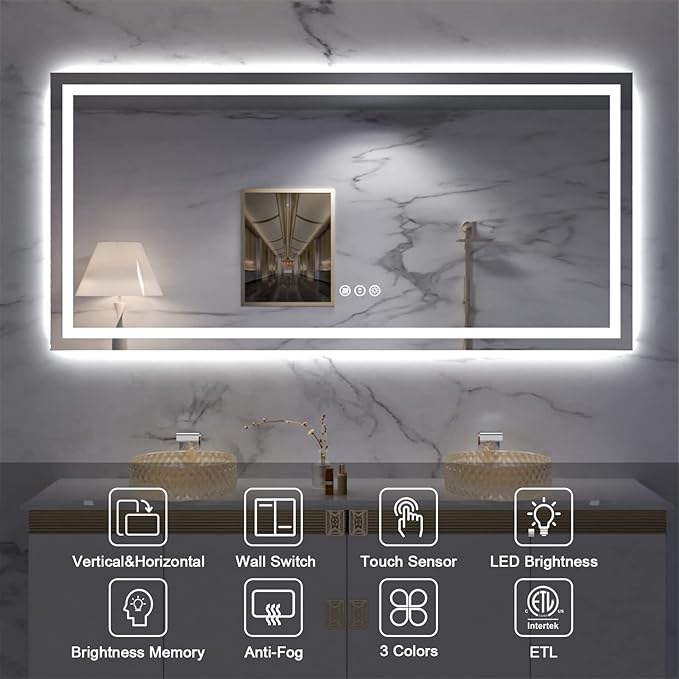 Amorho 60" X28" LED Bathroom Mirror, Backlit + Front-Lighted Vanity Mirror for Wall, Dimmable Makeup Mirrors, Anti-Fog, Memory, 3 Colors Lighting, Shatterproof, ETL Listed