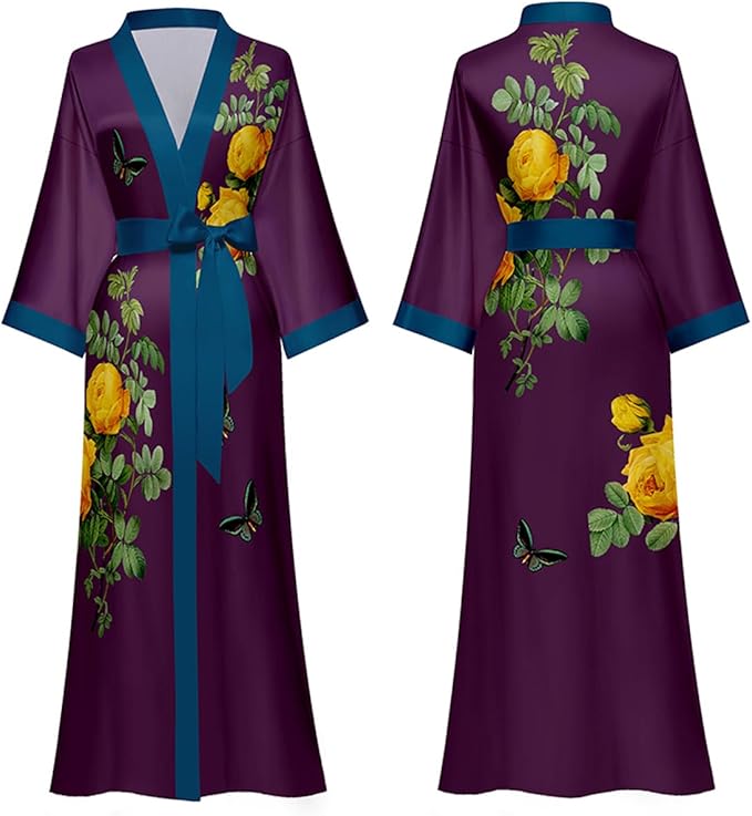 Silk Satin Robe for Women Long Japanese Kimono Robe Lightweight Soft Bathrobe Floral Luxury Dressing Gown