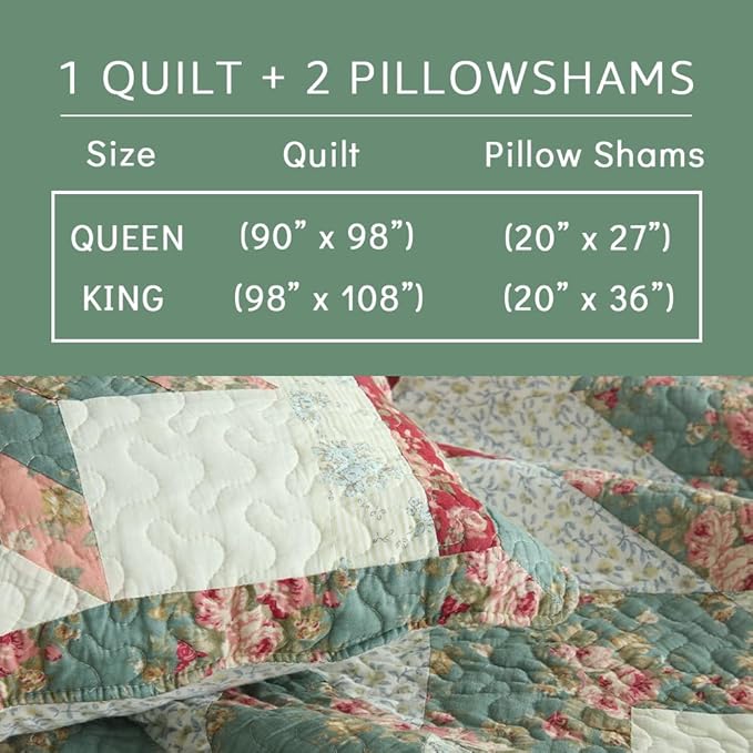 Cotton Bedspread Quilt Bedding Sets, 3 Pieces Reversible Coverlets Comforters Star with Red Floral Real Patchwork Bedspread, King Size