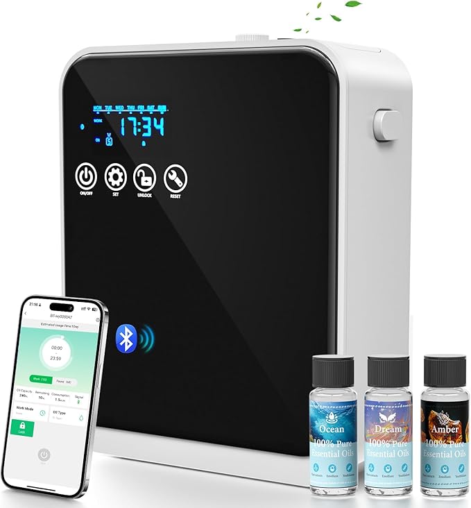 Waterless Essential Oil Diffuser,250ml Aromatherapy Scent Diffuser Air Machine with Smart APP & Touch Screen|Whole House Oil Diffusers for Home,Office & Hotel Collection,Covers 1500 sq.ft–Black