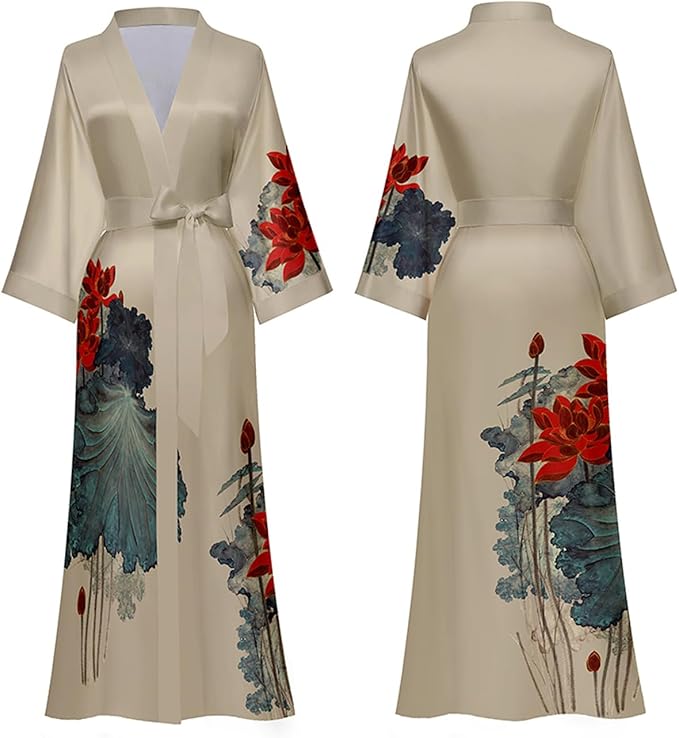 Silk Satin Robe for Women Long Japanese Kimono Robe Lightweight Soft Bathrobe Floral Luxury Dressing Gown