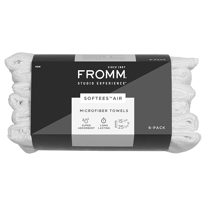 Fromm Softees Air Microfiber Lightweight Salon Hair Towels for Hairstylists, Barbers, Spa, Gym in White, 15.5" by 25.5", 6 count Perfect Hair Care Towel for Drying Curly, Long, Wavy Hair