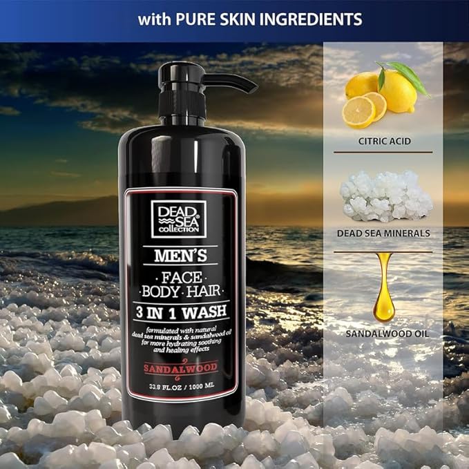 Dead Sea Collection Mens Body Wash 3 in 1 – Sandalwood Body Wash for Men – Shower Gel – Shampoo – Shower Soap for Face and Hair (33.8 Fl. Oz)