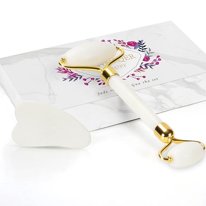 Jade Roller & Gua Sha Set - Facial Skin Care Set, Facial Beauty Tools, Natural Beauty Skin Care Tools, Face Roller Massager for Face, Neck, and Eye Treatment，Gua Sha Facial Massager (White)