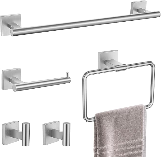 TNOMS Brushed Nickel Towel Bar Set 5 Pieces Brushed Bathroom Hardware Accessories Set,Towel Holder Set for Bathroom SUS304 Stainless Steel Wall-Mounted Towel Holder Set,23.6 Inch