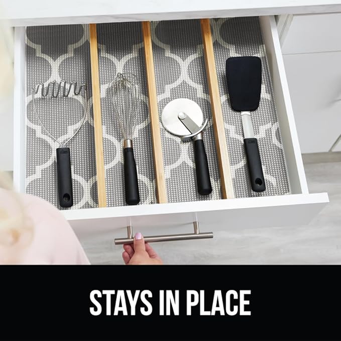 GORILLA GRIP powerGRIP Drawer Shelf and Cabinet Liner, Thick Strong Hold, Non-Adhesive Liners Protect Kitchen Cabinets and Cupboard, Bathroom Drawers, Easy Install, Breathable Mat, 12" x30' Quatrefoil