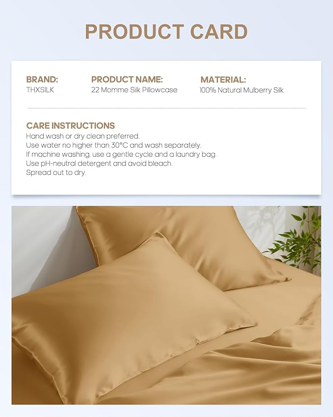 THXSILK 100% Pure Mulberry Silk Pillowcase for Hair and Skin, 22 Momme Zipper Silk Pillow Case Standard Size, Real Silk Pillowcase with Zipper, Anti Aging Acne Free (Metallic Gold, Standard 20"x26")