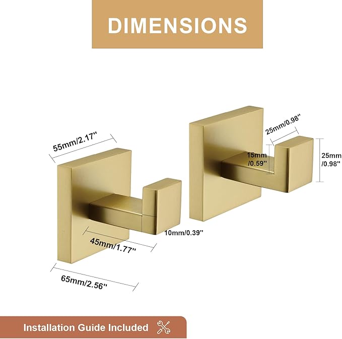 TASTOS Bath Towel Hooks Brushed Gold, 2 Pack Stainless Steel Robe Coat and Clothes Hook, Heavy Duty Wall Hook for Bathroom & Kitchen, Modern Square Style Wall Mounted…