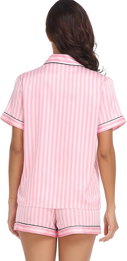 Women's Satin Pajama Set 2-Piece Sleepwear Loungewear Button Down Short Sleeve Silky PJ Set
