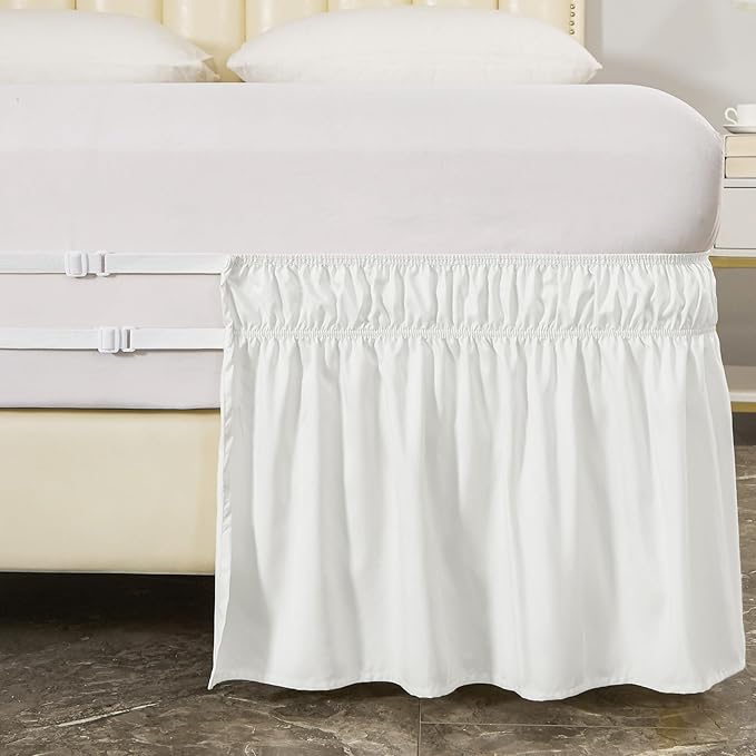 MEILA Wrap Around Bed Skirt Three Fabric Sides Elastic Dust Ruffled 16 Inch Tailored Drop,Easy to Install Fade Resistant-Natural White, Queen/King