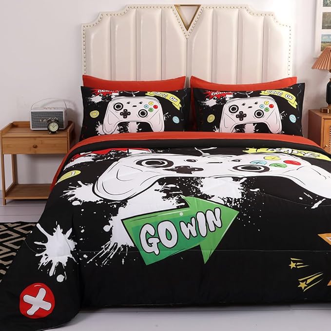 Wajade Kids Game Comforter Set Bed in A Bag Full Size 7 Piece 3D Colorful Video Game Controller Bedding Set for Boys Girls (1 Comforter, 1 Flat Sheet, 1 Fitted Sheet, 2 Pillowcase and 2 Pillow Sham)