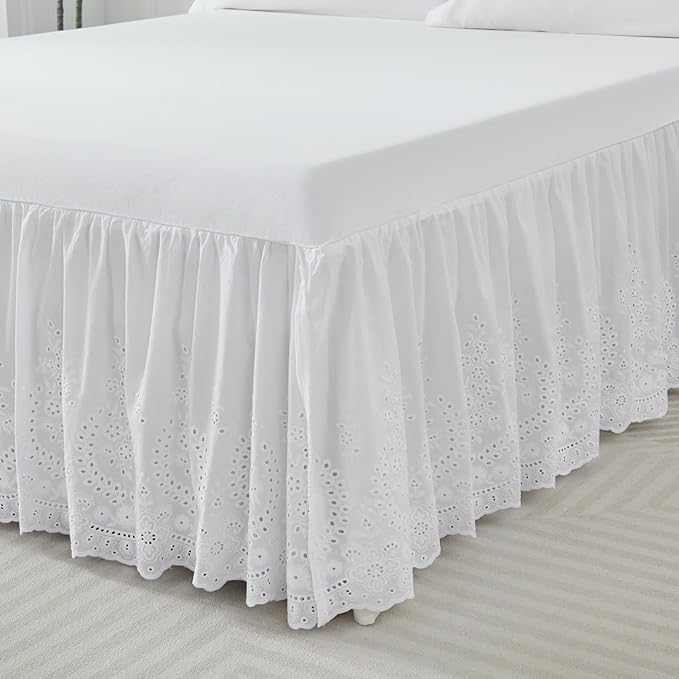 Brandream White Eyelet Bed Skirt Queen Size 100% Cotton Ruffled Dust Ruffle Bed Skirt 18 Inch Drop with Embroidered Floral Design Queen Size Beds