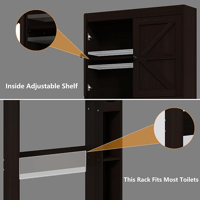 Furniouse Over The Toilet Storage Cabinet Bathroom Organizer with Barn Doors & Adjustable Shelf Rustic Over Toilet Storage Shelf for Bathroom, Espresso