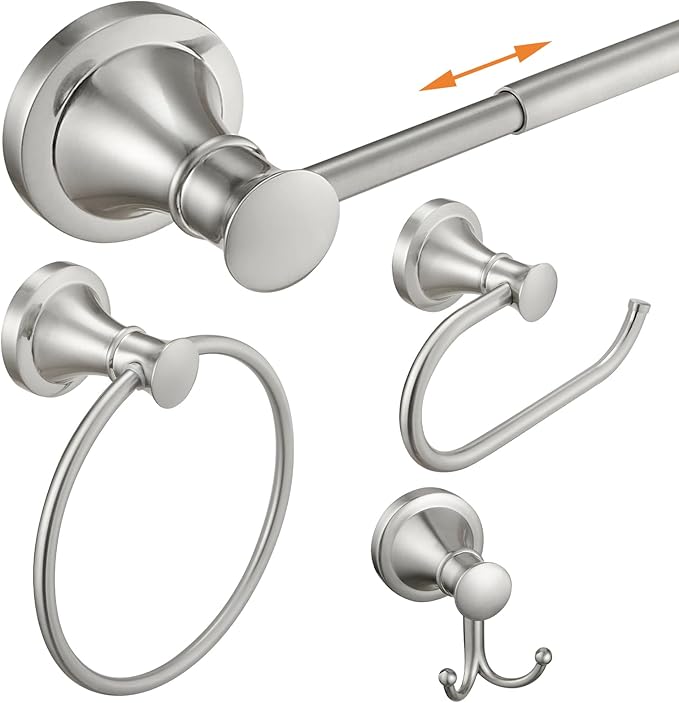 Hoimpro Brushed Nickel 4-Piece Bathroom Bath Set, Wall Mount Bathroom Hardware Fixture (Adjustable Towel Bar Rack, Towel Ring Holder, Paper Towel Holder, Double Towel Hook), Bathroom Accessories