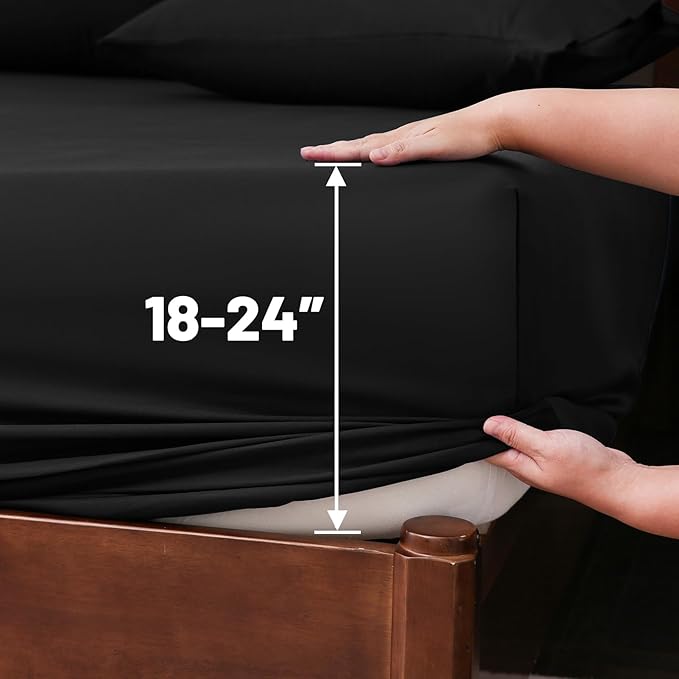 Extra Deep Pocket King Sheets 18-24 Inch 1000 Thread Count 100% Egyptian Cotton Sateen Weave Soft Breathable 4 Pieces（King，Black）