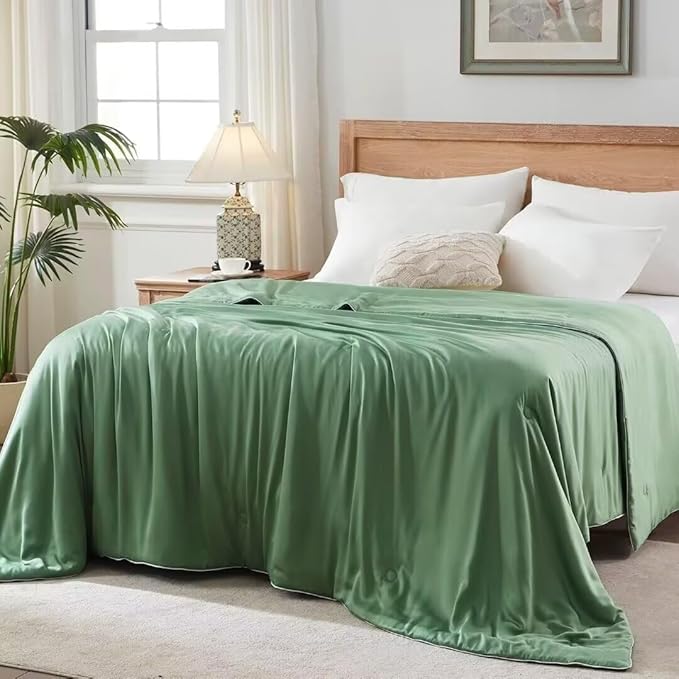 Globon Summer Comforter Queen Size,Luxurious Lightweight Blanket for Hot Sleepers,Natural Bamboo Viscose Shell,Organic Breathable Fill, Double Stitch, Sage Green