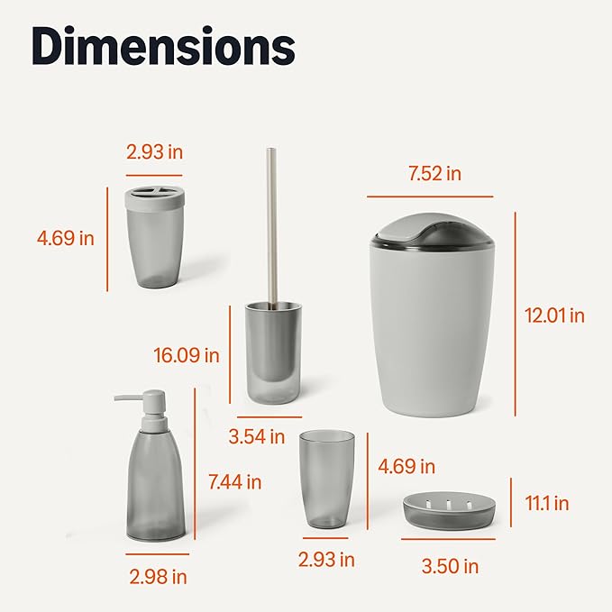 Amazon Basics 6 Pieces Bath Coordinate Set with Toothbrush Holder, Soap Dispenser and Soap Dish, Toothbrush Cup, Trash Can and Toilet Brush & Holder, Grey