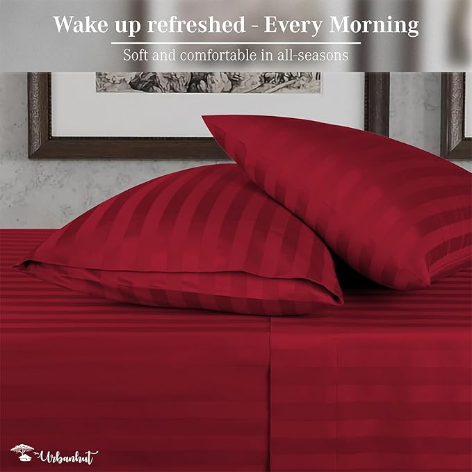 URBANHUT 1000 Thread Count Damask Striped King Bed Sheets Egyptian Cotton Sheet Set, Long Staple Soft & Breathable, 4 Pc Bed Sheet Sets, Luxury Hotel Sateen Sheets Fits 16" Deep Pocket - Burgundy